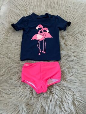 Customized toddler girl's Swimwear flamingo rash guard set | 3T